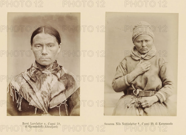 Beret Larsdatter ?, d' anni 50, di Gjemmeluft (Altenfjord), Susanna Nils Nuttisdatter ?, d' anni 20, di Karasuando, Two portraits of Beret Larsdatter and Susanna Nils Nuttisdatter, page, Left a front view of Beret Larsdatter, right a front view of Susanna Nils Nuttisdatter., number: 'Tavola XXVII.', photographer: Paolo Mantegazza, Scandinavia, photographer: Carlo Pietro Stefano Sommier, c. 1870 - in or before 1880, paper, albumen print, height 254 mm x width 340 mm, Photo in photo section at the back, head-gear, adult woman (front view), A sepia photograph shows two portrait images side by side on a pale background; the left portrait features a woman facing forward with hair parted in the middle and pulled back, wearing a patterned scarf tied around her neck with fringed edges and a dark garment beneath, her expression neutral and her face framed by a soft, out-of-focus backdrop, and the right portrait shows a young woman seated, wearing a patterned cap and a wrapped scarf around her n...