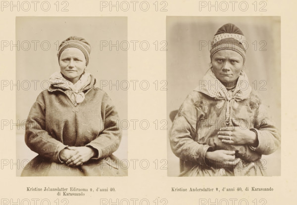 Kristine Andersdatter ?, 1940s, of Karasuando, Kristine Johansdatter Edirnoma ?, Two portraits of Kristine Johansdatter Edirnoma and Kristine Andersdatter, page, Left a front view of Kristine Johansdatter Edirnoma, right a front view of Kristine Andersdatter., number: 'Tavola XXVIII.', photographer: Paolo Mantegazza, Scandinavia, photographer: Carlo Pietro Stefano Sommier, c. 1870 - in or before 1880, paper, albumen print, height 254 mm x width 340 mm, Photo in photo section at the back, head-gear, adult woman (front view), Two sepia-toned portrait photographs placed side by side on a light background show seated women from the waist up wearing head coverings and layered clothing; the woman on the left wears a striped cap and a wrapped scarf around her neck with a plain, textured outer garment and her hands folded in her lap, her expression neutral and gaze toward the camera; the woman on the right wears a patterned headband and a scarf tied at the throat with a worn outer garment that...