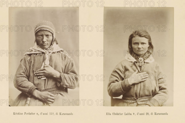 Ella Olsdatter Labba ?, 20 years old, of Karasuando, Two portraits of Kristine Perdatter and Ella Olsdatter Labba, Kristine Perdatter ?, 15 years old?, page, On the left a front view of Kristine Perdatter, on the right a front view of Ella Olsdatter Labba., number: 'Tavola XXIX.', photographer: Paolo Mantegazza, Scandinavia, photographer: Carlo Pietro Stefano Sommier, c. 1870 - in or before 1880, paper, albumen print, height 254 mm x width 340 mm, Photo in photo section at the back, head-gear, adult woman (front view), Two sepia-toned portrait photographs printed side by side on a light background, each showing a young woman from the waist up facing the camera with a hand placed over the chest; the left portrait features a woman wearing a textured cap with ear flaps and a fringed shawl tied at the neck, a plain long-sleeved garment, and a visible hand resting over the chest and another on the lap, while the right portrait shows a woman with short hair wearing a decorated collar or scar...