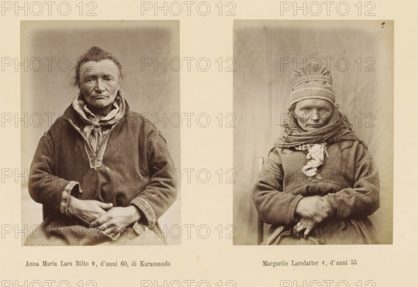 Margarite Larsdatter ?, d' anni 55, Two portraits of Anna Maria Lars Bilto and Margarite Larsdatter, Anna Maria Lars Bilto?, d' anni 60, di Karasuando, page, Left a front view of Anna Maria Lars Bilto, right a front view of Margarite Larsdatter., number: 'Tavola XXX.', photographer: Paolo Mantegazza, Scandinavia, photographer: Carlo Pietro Stefano Sommier, c. 1870 - in or before 1880, paper, albumen print, height 254 mm x width 340 mm, Photo in photo section at the back, head-gear, adult woman (front view), Two sepia-toned portrait photographs of older women are shown side by side within a pale rectangular page. The left portrait shows a woman facing forward with a serious expression, her hair pulled back, wearing a dark heavy garment with a lighter collar and visible stitching, and her hands resting together in her lap. The right portrait shows another woman facing forward with a solemn expression, wearing a wrapped head covering with patterned bands and a scarf around her neck, a lig...