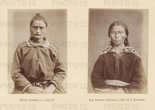 Two portraits of Kristine Persdatter and Anna Nilsdatter Skumma, Kristine Persdatter ?, d' anni 30, Anna Nilsdatter Skumma ?, d' anni 16, di Kautokeino, page, Left a front view of Kristine Persdatter, right a front view of Anna Nilsdatter Skumma., number: 'Tavola XXXI.', photographer: Paolo Mantegazza, Scandinavia, photographer: Carlo Pietro Stefano Sommier, c. 1870 - in or before 1880, paper, albumen print, height 254 mm x width 340 mm, Photo in photo section at the back, adult woman (front view), A sepia-toned image shows two separate portrait photographs placed side by side on a light background, each featuring a seated woman from the waist up. The left portrait shows a woman with hair pulled back into a small top knot, wearing a heavy, plain jacket with a rounded collar and a decorative fastener at the front, her hands folded in her lap and her expression neutral. The right portrait shows a younger woman with a center-parted hairstyle and hair pulled back, wearing a dark garment wi...