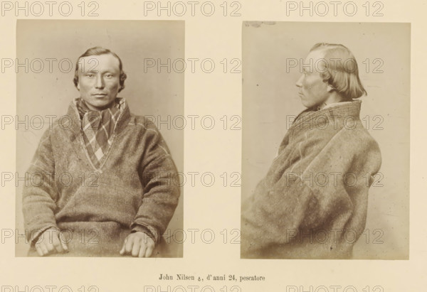 Two portraits of the fisherman John Nilsen, John Nilsen ?, d' anni 24, pescatore, page, Left a front view, right a side view., number: 'Tavola VI.', photographer: Paolo Mantegazza, Scandinavia, photographer: Carlo Pietro Stefano Sommier, 1870 - 1880, Paolo Mantegazza, Carlo Pietro Stefano Sommier, paper, albumen print, height 254 mm x width 340 mm, Photo in photo section at the back., adult man (sideview, profile), adult man (front view), A sepia-toned image showing two photographic portraits of the same man mounted side by side on a light background; the left portrait is a frontal view of a seated man with short dark hair and a neutral expression wearing a textured sweater and a patterned scarf, his hands resting in his lap, and the right portrait is a profile view of the same man facing left wearing the same sweater with visible stitching and a folded collar.