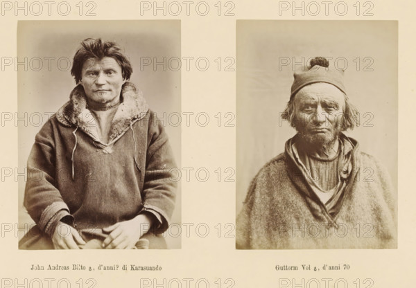 Guttorm Vol ?, d' anni 70, Two portraits of John Andreas Bilto and Guttorm Vol, John Andreas Bilto ?, d' anni ? di Karasuando, page, Left a front view of John Andreas Bilto, right a front view of Guttorm Vol., number: 'Tavola VIII.', photographer: Paolo Mantegazza, Scandinavia, photographer: Carlo Pietro Stefano Sommier, 1870 - 1880, paper, albumen print, height 254 mm x width 340 mm, Photo in photo section at the back, head-gear, adult man (front view), Two sepia-toned portrait photographs are placed side by side on a light background. The left portrait shows a person with short tousled hair and a trimmed goatee wearing a heavy garment with a fur-lined collar and visible drawstrings, hands resting in their lap. The right portrait shows a person with a scraggly beard and longer hair peeking out from under a rounded cap with a small pompom, wearing layered clothing including a textured outer layer and a draped scarf, facing slightly toward the camera.