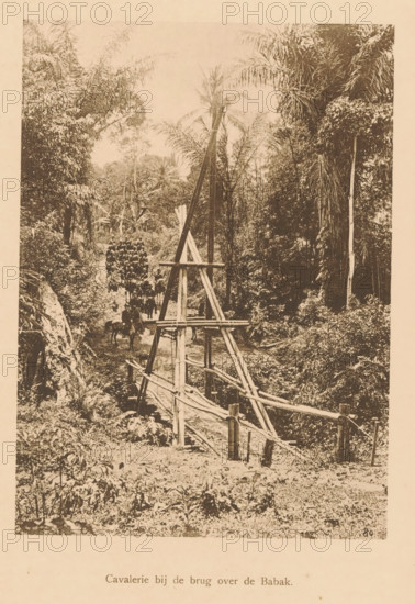 Cavalry at the bridge over the Babak, View of the cavalry at a bamboo suspension bridge, page, photomechanical print, maker: Christiaan Johan Neeb, c. 1892 - in or before 1897, paper, collotype, photoprint, height 167 mm x width 120 mm, trees, land forces (cavalry, horsemen), suspension bridge, Indonesia, A sepia-toned photograph showing a narrow wooden bridge with handrails and a triangular support structure made of poles in the foreground, extending into a dense tropical jungle with tall palm trees and thick undergrowth; along the path beyond the bridge a group of mounted riders are visible partially obscured by foliage, and the scene is framed by leafy vegetation and tree trunks on both sides.
