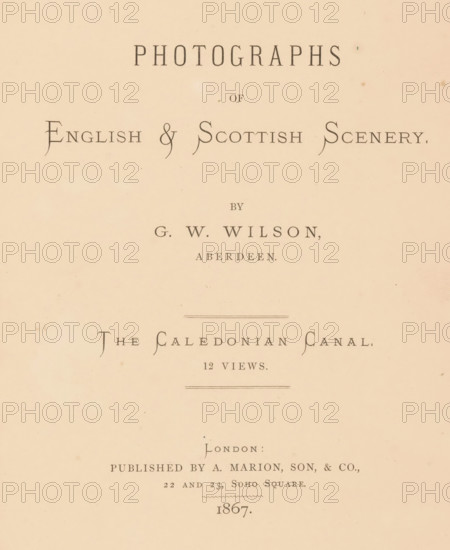 Photographs of English and Scottish scenery : the Caledonian Canal, book, retailer's mark: 'WD Clark, 67 Princes Street, EDINb', annotation: 'OCT, 1992', writer (clerical worker): George Washington Wilson, Aberdeen, publisher: A. Marion Son & Co., London, c. 1867, George Washington Wilson, A. Marion Son & Co., writer (clerical worker), publisher, pasteboard, paper, textile materials, printing, albumen print, color on cut, height 227 mm x width 187 mm x thickness 17 mm, A cream-colored page with faded spots and tiny blemishes showing uneven paper texture and faint discoloration, centered ornamental horizontal lines, and rows of dark serif letterforms arranged in several horizontal groupings across the page.
