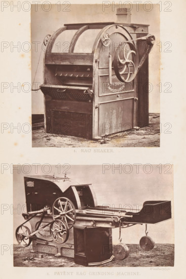 View of a rag shaking machine, 1. Rag Shaker, page, photomechanical print, photographer: Appleton & Co., cliché maker: Woodbury Permanent Photographic Printing Company, Bradford (England), c. 1871 - in or before 1876, paper, Woodburytype, Woodburytypepie, height 102 mm x width 92 mm, machine driven by human or animal power, A sepia-toned photograph shows two large industrial machines stacked vertically within a single frame on a pale background. The upper machine has a boxy base with a curved top and exposed slatted interior, a large circular wheel on its side connected to a belt, a hinged perforated panel at the front, and vertical supports with rounded tops. The lower machine displays a long horizontal bed with a curved housing at one end, multiple toothed and spoked wheels of varying sizes, connecting rods and levers, a rectangular upright casing near its center, and two round weights suspended near the far end; both machines rest on a textured floor with scattered small metal parts...