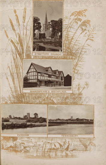 Four buildings along the Thames, print, page, photomechanical print, Top: view of the church in Stratford, middle: view of William Shakespeare's birthplace in Stratford-upon-Avon, bottom: view of Evesham and Tewkesbury., inscription: 'Stratford church. Shakespeare's birthplace. Evesham. Tewksbury.', photographer: Henry W. Taunt, England, in or after 1878 - in or before 1879, printmaker, paper, Woodburytype, engraving, height 182 mm x width 120 mm, Prints opposite page 136., river, Worcestershire, Gloucestershire, Stratford-upon-Avon, Tewkesbury, Evesham, A vertical printed collage on aged paper showing four framed photographic scenes arranged in a grid with decorative reed and lily illustrations around them; the top frame contains a church with a tall spire surrounded by trees and a reflective body of water in front; the second frame below it shows a timbered, multi-gabled building with visible half-timber architecture and a paved area at its front; the lower left frame displays a rive...