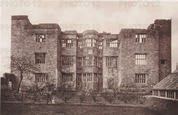 View of the New Hall in Pontefract, Remains of New Hall. March 31st 1885., page, photomechanical print, Pontefract, clichémaker: Autotype Company, The, 1885-03-31, photographer, paper, collotype, photoprint, height 114 mm x width 178 mm, edifice, eg: public building, department store, A wide stone building with a symmetrical facade and multiple tall rectangular windows fills the image, showing a central projecting bay with curved windowed sections and flanking flat towers; the stonework appears weathered and the windows have mullions with some panes missing or dark. In front of the building there is a garden area with bare shrubs and small trees, and a solitary deciduous tree with twisted branches stands left of center. Near the foreground a figure in light clothing sits on the grass beside a small dog. At the far right a greenhouse or glass-roofed structure adjoins the main building. The sky above is pale and mostly clear.