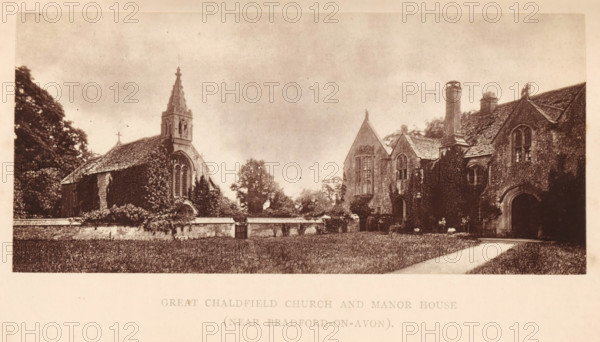 View of Chadfield Church and Manor House, near Bradford-on-Avon, Great Chaldfield Church and Manor House (near Bradford-on-Avon), page, photomechanical print, photographer: Foote, Bradford-on-Avon, cliché maker: Woodbury Permanent Photographic Printing Company (possibly), c. 1871 - in or before 1876, paper, Woodburytype, Woodburytypie, height 62 mm x width 136 mm, church (exterior), civic architecture, edifices, dwellings, A sepia-toned photograph shows an old stone church with a tall spire and arched windows on the left and a manor-like building with steep gables, chimneys, mullioned windows, and an arched doorway on the right, both partially covered in climbing ivy and surrounded by trees and shrubs, with a low stone wall and a gate running between them and a grassy lawn and a straight path leading toward the right building.