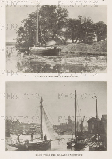 View of a wherry along the bank, A Norfolk wherry, (supper time), page, photomechanical print, photographer: John Payne Jennings, Norfolk (county), cliché maker: Permanent Photo Printing Works, Ashtead, Surrey, c. 1886 - in or before 1891, paper, collotype, photoprint, height 78 mm x width 115 mm, sailing-ship, sailing-boat, river, A vertical image showing two sepia-toned scenes stacked one above the other, each framed by a light border. The upper scene depicts a riverbank with a moored sailboat seen from the side, a tall mast rising upward, trees behind the boat, grassy banks and calm water reflecting the boat and foliage. The lower scene shows a harbor with several sailing vessels, one prominent boat in the foreground with its sail partially raised and people standing on its deck, a docked boat to the right, buildings and waterfront structures in the background, masts and rigging rising against a hazy sky, and water reflecting parts of the boats and dock.