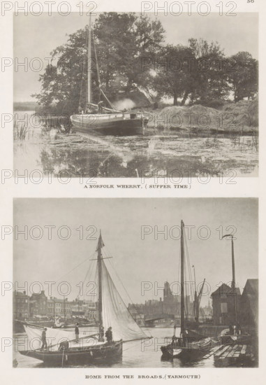 Home from the Broads, (Yarmouth), View of Great Yarmouth with a sailing boat sailing in, page, photomechanical print, photographer: John Payne Jennings, Great Yarmouth, cliché maker: Permanent Photo Printing Works, Ashtead, Surrey, c. 1886 - in or before 1891, Norfolk (county), paper, collotype, photoprint, height 80 mm x width 115 mm, harbour, sailing-ship, sailing-boat, river, A vertical composite image showing two sepia-toned nautical scenes separated by a blank margin. The upper scene depicts a small sailboat moored near a grassy shore with tall trees in the background; the boat is positioned with its bow facing outward and a single mast rising above its hull, with reflections visible in the calm water and reeds at the water’s edge. The lower scene shows a harbor view with a larger sailboat under partial sail in the foreground, figures standing on its deck, other moored vessels alongside a wooden quay, masts and rigging rising against a skyline of buildings, and a bridge and distan...
