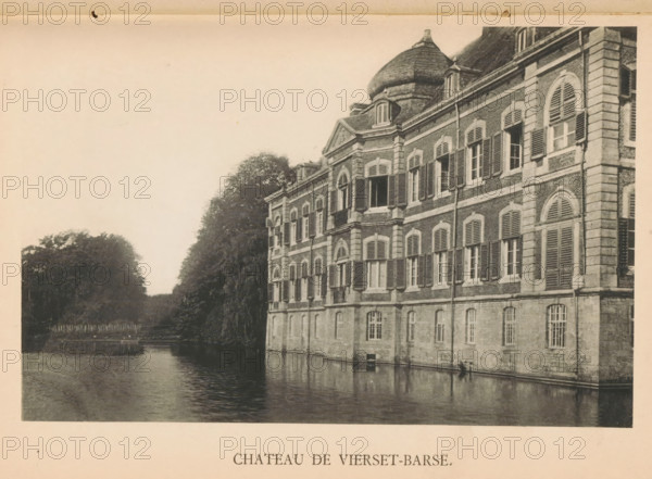 Chateau de Vierset-Barse, View of Château de Vierset, page, photomechanical print, photographer: attributed to Victor Gaillard, Vierset-Barse, cliché maker: attributed to Emile Aubry, Brussels, c. 1885 - in or before 1890, Attributed to, paper, collotype, photoprint, height 103 mm x width 158 mm, castle, A sepia-toned photograph showing the side facade of a large stone building with multiple rows of tall windows framed by shutters and arched lintels, a rounded tower-like roof section rising above the roofline, and decorative stonework around the windows and corners; the building sits beside a calm body of water that reflects its lower walls, and dense trees and foliage line the opposite bank under a pale sky.