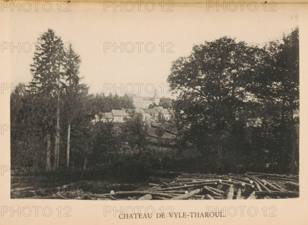 Landscape with Château de Vyle-Tharoul, Chateau de Vyle-Tharoul, page, photomechanical print, photographer: attributed to Victor Gaillard, Liège, clichémaker: attributed to Emile Aubry, Brussels, c. 1885 - in or before 1890, cliché maker, Attributed to, paper, collotype, photoprint, height 105 mm x width 157 mm, castle, A faded monochrome photograph shows a wooded landscape with tall evergreen trees on the left and a large leafy tree dominating the right, a cluster of lighter-toned buildings partially visible through the trees near the center with a structure that has a tower or steeple, a foreground area with piled logs and cut timber, and a pale sky filling the upper portion of the image.