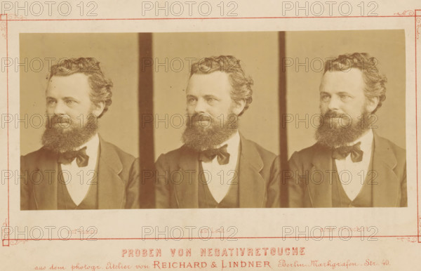 Examples of retouching negatives, Proben von negativretouche, photograph, page, inscription: 'auf Gummi auf Lach nicht rerouchirt, ', photographer: Reichard & Lindner, c. 1868 - in or before 1874, paper, albumen print, height 84 mm x width 182 mm, Photo on second page after page 80., historical persons, A sepia-toned image showing three side-by-side portraits of the same bearded man wearing a dark jacket, vest, white shirt, and bow tie, each portrait framed by narrow vertical darker strips, with the man facing slightly left in the leftmost image, forward in the central image, and slightly right in the rightmost image, all set against a plain background and mounted on a border with decorative corner flourishes.