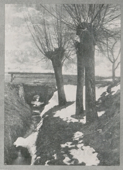 Landscape with snow, Letzter schnee, page, photomechanical print, inscription: 'Photographische Mitteilungen LX', monogram: 'BX', photographer: Carl Winkel, cliché maker: unknown, c. 1898 - in or before 1903, paper, autotypie, height 95 mm x width 124 mm, landscapes, snow, A grayscale scene showing a narrow stream running between banks with patches of snow along the ground, several tall trees with thick trunks and dense, pruned upper branches standing beside the stream, a simple wooden bridge crossing the stream in the middle distance, bare branches of other trees visible against a cloudy sky, and uneven terrain with exposed soil and snow along the water’s edge.