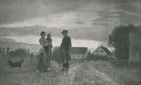 Feierabend, Landscape with farm and family, page, photomechanical print, monogram: 'BX', inscription: 'Photographische Mitteilungen LX', photographer: Franz Bertolini, cliché maker: unknown, c. 1898 - in or before 1903, paper, autotypie, height 119 mm x width 195 mm, landscapes, farm or solitary house in landscape, A grainy black-and-white scene shows a rural road or path with a woman holding a small child standing near a man wearing a hat, both facing each other, while a dog stands nearby; in the background there are farm buildings with pitched roofs, a cluster of trees and a tall vertical structure at the right edge, and a wide sky with layers of clouds above the landscape.