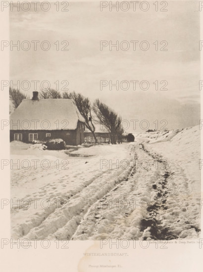 Winter landscape, Winterlandschaft, page, photomechanical print, inscription: 'Photogr. Mitteilungen XL', photographer: HM Carstensen, cliché maker: Büxenstein & Comp., Georg, c. 1898 - in or before 1903, paper, photoaquatint, height 169 mm x width 133 mm, landscapes, snow, A snowy rural scene with a thatched-roof cottage on the left partially covered in snow, a dark chimney atop the roof, and windows along the cottage wall; leafless trees stand beside and behind the cottage, their bare branches reaching upward; a snow-covered path with deep rutted tire or sled tracks runs from the foreground toward the horizon on the right, bordered by snow banks and gentle rises; scattered snowdrifts and footprints are visible across the ground; the sky above is pale and overcast with subtle cloud texture and ample empty space.
