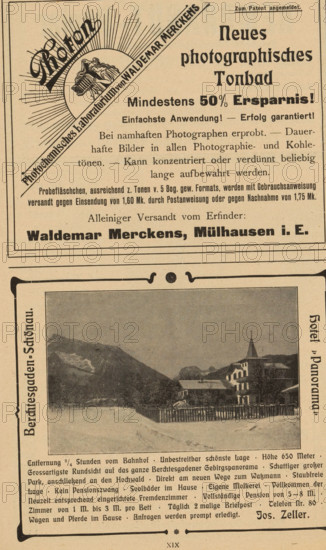 Mountain landscape with hotel, page, photomechanical print, c. 1898 - in or before 1903, paper, autotypie, height 65 mm x width 81 mm, hotel, hostelry, inn, mountains, A vertically oriented aged printed page with an upper advertisement block showing a circular sunburst graphic with a diagonal ribbon and a small central illustration, bold headline lettering, and several lines of smaller printed text; below this block a framed rectangular photograph depicts a snowy mountain village scene with a foreground fence, a cluster of buildings including a structure with a pointed steeple, and mountains in the background under a cloudy sky; the page margins and lower area contain additional printed paragraphs and decorative border elements.