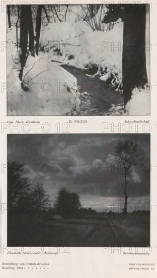 Schneelandschaft, Snow landscape, page, photomechanical print, photomontage, monogram: 'BX', inscription: 'II. Preis', inscription: 'Hamburg', photographer: Olga Ebert, cliché maker: unknown, c. 1898 - in or before 1903, paper, autotypie, height 97 mm x width 125 mm, Print on third unnumbered page after page 82., landscapes, snow, A vertically oriented page showing two black-and-white photographic images separated by blank space, the top image depicting a snowy landscape with a narrow stream running through banks of heavy snow, bare tree trunks and thin branches rising from the snow on both sides, and dark vertical tree forms framing the scene; the bottom image showing a moody landscape with a cloudy sky over a flat area, silhouettes of trees and shrubs along the horizon, a tall slender tree standing prominently on the right, and a darker foreground leading toward the distant treeline.