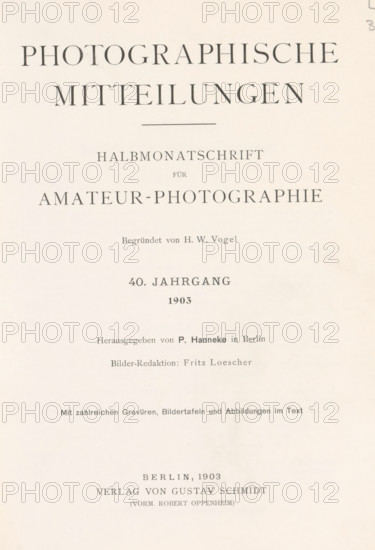 Photographische Mittheilungen, book, annotation: 'fxc 1, 37', collector's mark: 'Bibliothek des Verkaufssyndikat der Kaliwerke. Journal-No. 2639', writer (clerical worker): Paul Hanneke, editor (person who revises): Fritz Loescher, publisher: Verlag von Gustav Schmidt, Berlin, 1903, Paul Hanneke, Fritz Loescher, Verlag von Gustav Schmidt, writer (clerical worker), editor (person who revises), publisher, textile materials, paper, linen (material), transparent paper, printing, autotype, photoaquatint, height 267 mm x width 200 mm x thickness 50 mm, The image shows a vertically oriented, lightly aged page with centered lines of dark serif printing spaced down the page, including a large bold headline near the top, a thinner horizontal rule below it, several smaller lines of text of varying sizes descending the page, and a denser block of text near the lower middle, all on a pale cream background with slight texture and faint discoloration.