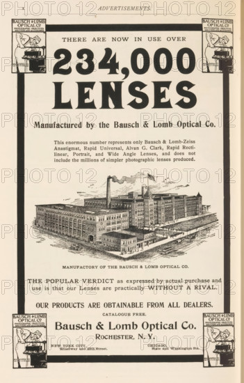 Kodak camera, page, photomechanical print, c. 1895 - in or before 1900, paper, autotype, height 43 mm x width 52 mm, camera, photography, A vertically oriented vintage advertisement page with a thick black border, large bold typographic elements near the top, decorative corner boxes each containing a small illustrated figure leaning over a machine, an intricate engraved illustration of a large industrial building complex with smokestacks and an American flag on one tower, small drawn figures and vehicles around the building, and various lines of printed content and separators arranged above and below the building illustration.