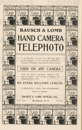 Kodak camera, page, photomechanical print, c. 1896 - in or before 1901, paper, autotype, height 38 mm x width 26 mm, Print in a section of advertisements at the back of a book. Print is part of an advertisement by EB Meyrowitz., camera, photography, The image shows a vintage advertisement layout with a large centered headline inside a bordered box and a patterned decorative border made of repeated small rectangular illustrations depicting a person leaning over a camera or optical device. The central area contains bold uppercase words in large type followed by several lines of smaller printed paragraphs and boxed text. A horizontal rule separates sections, and additional smaller lines of text appear below the boxed text. The repeated border illustrations run along the top, sides, and bottom of the page, and the overall color scheme is monochrome with dark ink on a light background.
