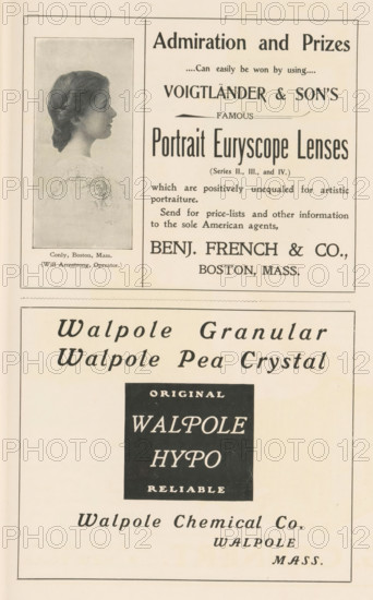 Portrait of an unknown woman, page, photomechanical print, photographer: Will Armstrong, Boston (Massachusetts), cliché maker: anonymous, c. 1896 - in or before 1901, North America, Massachusetts, paper, autotype, height 77 mm x width 36 mm, Print in a section of advertisements at the back of a book. Print is part of an advertisement by Benj. French & Co., historical persons not known by name - BB - woman, A vertical page showing two framed advertisement blocks separated by a thin horizontal border, the upper block divided into two columns with a left portrait of a woman in profile wearing a lacy garment and a braided hairstyle and a right area filled with various typographic elements, and the lower block featuring a large centered dark square with lighter text inside surrounded by decorative script-style wording and company identification below.
