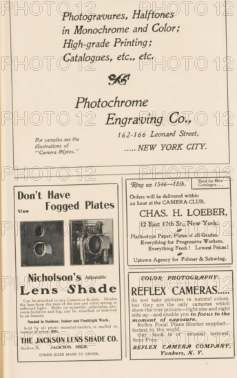 Detail of the front of a camera with lens hood, page, photomechanical print, c. 1896 - in or before 1901, paper, autotype, height 26 mm x width 24 mm, Print in a section of advertisements at the back of a book. Print is part of an advertisement by The Jackson Lens Shade Co., camera, photography, A vertical page showing a pale, aged background with several framed rectangular advertisement blocks separated by thin borders and decorative rules, the top section containing centered ornamental flourishes and large stylized lettering, the left column featuring an ad with bold headline area above two square photographic images of a camera lens and a close-up of circular openings, followed by a block of smaller printed lines and a company name area at the bottom, the right column containing a bordered ad with a boxed header, a column of varied line weights and type sizes, and a lower right panel titled with a bold heading and multiple paragraphs of small text, all printed in dark ink with serif...