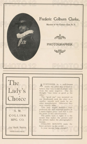 Detail of the front of a camera with lens hood, page, photomechanical print, c. 1896 - in or before 1901, paper, autotype, height 26 mm x width 24 mm, Print in a section of advertisements at the back of a book. Print is part of an advertisement by The Jackson Lens Shade Co., camera, photography, A vertically oriented page with a rectangular bordered layout showing a dark oval portrait of a man wearing a wide-brimmed hat and a high ruffled collar on the upper left, decorative flourishes and a centered label area to the right of the portrait, and two large framed columns below with the left column containing a boxed vertical title area and smaller boxed address block while the right column contains a block of body text framed by a thin border.
