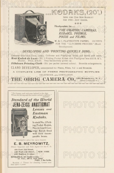 Kodak camera, page, photomechanical print, c. 1897 - in or before 1902, paper, autotype, height 38 mm x width 26 mm, Print in a section of advertisements at the back of a book. Print is part of an advertisement by EB Meyrowitz., camera, photography, A vertical page with printed advertisements featuring illustrations of two vintage box-style folding cameras, decorative borders, and typographic headings. The top portion shows a camera with bellows and a detachable ball air bulb on a flat surface, surrounded by blocks of small printed copy and ornamental flourishes. Below this is a horizontal divider, then a left column ad containing a detailed front-facing image of another folding camera with visible lens and bellows, framed by a rectangular border and additional printed lines of copy. The right side of the lower half is largely blank within a bordered panel, and the entire page has a slightly aged, cream-colored background with darker printed ink.