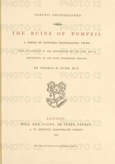 The ruins of Pompeii : a series of eighteen photographic views, book, annotation: '2, 40 ... 1867', Dec 25 1867', bookplate: 'SFJ', writer (clerical worker): Thomas H. Dyer, publisher: Bell & Daldy, London, publisher: Alfred William Bennett, 1867, Thomas H. Dyer, Bell & Daldy, Alfred William Bennett, writer (clerical worker), publisher, pasteboard, paper, textile materials, printing, albumen print, color on cut, height 282 mm x width 222 mm x thickness 23 mm, A cream-colored page with centered printed elements, including a decorative floral motif near the top, a line of large spaced capital letters in a muted red ink, several lines of smaller dark gray serif text arranged beneath, a detailed black line illustration of a bell with ornate ribbons and scrollwork in the middle of the page, and additional lines of dark gray and muted red text lower down, all set on a slightly aged paper background.