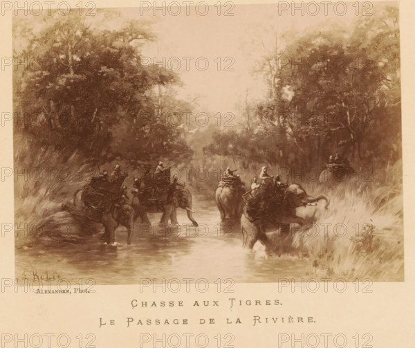Photo reproduction of Chasse aux Tigres by Jean Baptiste Robie, Chasse aux Tigres., Le Passage de la Rivière, photograph, reproduction, page, photographer: Alexandre, after painting by Jean Baptiste Robie, c. 1878 - in or before 1883, paper, albumen print, height 97 mm x width 136 mm, behind cover., hunt, predatory animals (fox, lion), A sepia-toned scene showing a group of elephants wading through a shallow river surrounded by dense trees and tall grasses, riders and cargo seated on the elephants' backs, tree canopies forming a dark, leafy frame on both sides, a misty or lightened background down the center of the scene, reflections of the animals visible in the water, and textured brushwork throughout the foliage and foreground.