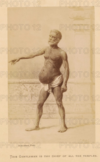 This Gentleman is the Chief of All the Temples, Photo reproduction of This Gentelman is the Chief of All the Temples by Jean Baptiste Robie, photograph, reproduction, page, photographer: Alexandre, after painting by Jean Baptiste Robie, c. 1878 - in or before 1883, paper, albumen print, height 153 mm x width 97 mm, adult man, A sepia-toned illustration shows an older barefoot man standing with one arm extended to the side and the other hanging by his hip, his body partially draped with a cloth around his waist, a rounded abdomen and visible musculature, a beard and short hair, and a thin strap across his chest; he stands in front of a low decorative wall with carved relief and a tall column to the right, all set against a plain background.
