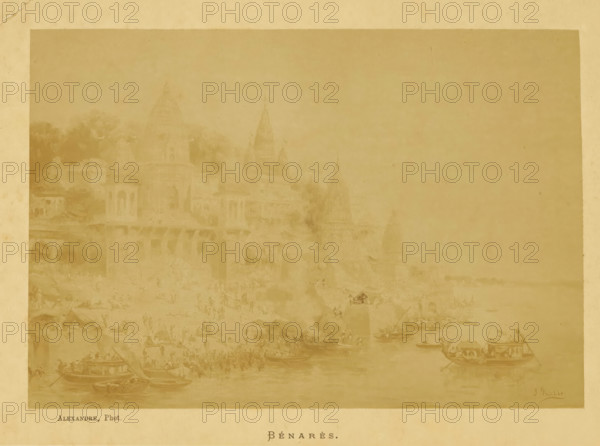 Bénarès, Photo reproduction of Bénarès by Jean Baptiste Robie, photograph, reproduction, page, photographer: Alexandre, after painting by Jean Baptiste Robie, c. 1880 - in or before 1885, paper, albumen print, height 128 mm x width 187 mm, Photo opposite title page, behind cover., prospect of city, town panorama, silhouette of city, A faded sepia-toned scene shows a riverside with multiple small boats on the water and crowds of tiny indistinct figures along the shore, with larger boat structures visible in the foreground; behind the shoreline a series of temple-like buildings with domes and spires rise amid indistinct trees and architectural forms, and the whole image is bordered by a lighter margin.