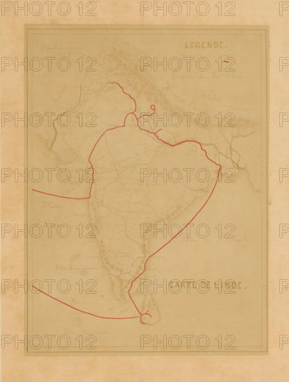 Photo reproduction of a map of India, Carte de l'Inde, photograph, reproduction, page, photographer: Alexandre (possibly), after design by anonymous, c. 1880 - in or before 1885, Alexandre, photographer, after design by, paper, albumen print, height 178 mm x width 131 mm, behind cover., maps of separate countries or regions, India, A faded, sepia-toned map showing a peninsula shape with coastal outlines and interior shading, overlaid with a thin red line tracing routes that cross the land and loop around a southern island; pale, hand-drawn geographical markings and faint contour lines fill the interior, with a double-lined rectangular border near the edges and a blank margin surrounding the map.