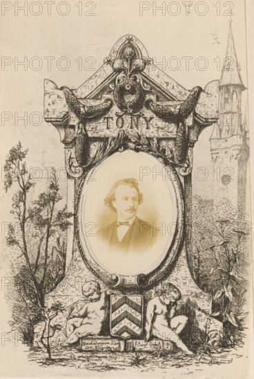Portrait of Anton Bergmann, Tony, photograph, page, c. 1869 - in or before 1874, photographer, paper, albumen print, height 70 mm x width 50 mm, Photo opposite title page, behind semi-transparent cover., Person, Anton Bergmann, historical persons, A sepia-toned illustrated composition featuring an ornate carved stone frame with decorative garlands and a central oval portrait of a man with wavy hair, a mustache, a bow tie, and a jacket, rendered in a faded photographic style; the frame rests on a base flanked by two reclining cherubic figures beside a shield with diagonal stripes, and plants and foliage rise on either side; in the background to the right a tall tower with a pointed spire is visible, and to the left there are additional architectural outlines and slender trees.
