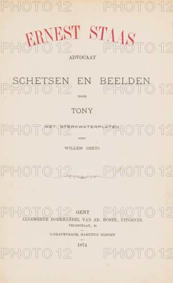 Ernest Staas, lawyer: sketches and images, by Tony (Anton Bermann), with strong water plates by Willem Geets, book, annotation: 'MAY, 1988', printmaker: Willem Geets, writer (clerical worker): Tony, publisher: Adolph Joseph Hoste, Ghent, publisher: Martinus Nijhoff, The Hague, 1874, writer (clerical worker), textile materials, pasteboard, biological material, paper, leather, linen (material), printing, albumen print, decorated paper, height 280 mm x width 193 mm x thickness 20 mm, A cream-colored page with aged spots and slight discoloration, featuring an arched band of red ornamental typography near the top and several lines of small, dark printed text centered vertically and horizontally, a delicate horizontal decorative flourish positioned midway down the page, and additional lines of printed text toward the lower half, all on a slightly textured background.