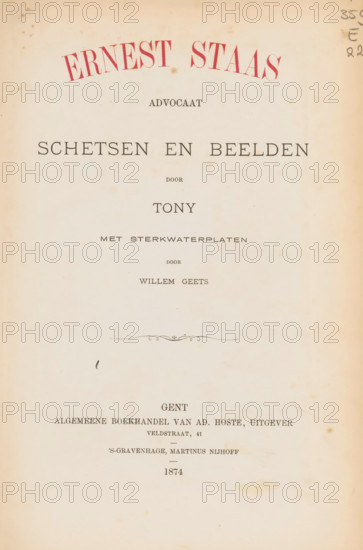 Ernest Staas, lawyer : sketches and images, by Tony (Anton Bermann), with etching plates by Willem Geets, book, annotation: 'With 15 etchings, + ori. photo-portrait, of the author (Tony = Anton Bergmann, 1835-1874), Most important work of the author, contained herein, first edition, published shortly before his death., Copy with dedication from 'Tony' to Jan t. Brink, also interesting there dated 1873: (as year of first publication, 1874 is generally mentioned)', dedication: 'To my literary friend, Doctor Jan ten Brink, on behalf of the author, Tony, Lier 28 7 1873', writer (clerical worker): Tony, publisher: Adolph Joseph Hoste, Ghent, publisher: Martinus Nijhoff, The Hague, 1874, writer (clerical worker), textile materials, pasteboard, biological material, paper, leather, linen (material), printing, albumen print, etching, height 280 mm x width 188 mm x thickness 22 mm, A vertically oriented aged book page with faint brown spotting and a large arched red name at the top, several line...
