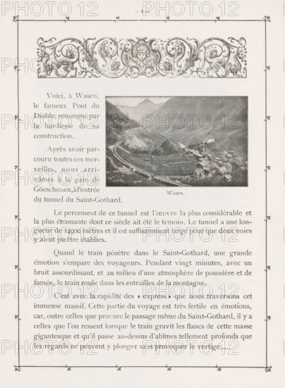 Wasen, View of Wasen, page, photomechanical print, cliché maker: Pierre Jumpertz, c. 1893 - in or before 1898, photographer, paper, autotypie, height 57 mm x width 90 mm, city-view in general, 'veduta', dale, valley, A vertically oriented page with an ornate decorative border and a decorative floral and scroll header at the top, followed by a centered rectangular grayscale photograph depicting a mountain valley with a small village and a winding road or railway; the photograph is aligned to the right of a left column of printed paragraphs. The left and lower portions of the page contain blocks of printed paragraphs in a serif typeface, and small decorative corner motifs appear at intervals along the interior border. The overall page has an aged, slightly yellowed paper appearance and symmetrical margins.