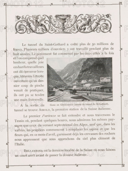 Göschenen, View of Göschenen, page, photomechanical print, cliché maker: Pierre Jumpertz, c. 1893 - in or before 1898, photographer, paper, collotype, photoprint, height 118 mm x width 168 mm, city-view in general, 'veduta', mountains, A page with a decorative border and an ornate floral and mythical creature header at the top, featuring mirrored scrollwork and a central urn flanked by small cherubic figures; below the header there is a block of printed columns of text on the left and a rectangular black-and-white photograph on the right showing a train station platform with tracks curving into a mountainous valley, buildings along the platform, and steep rocky slopes rising behind them; the page shows additional blocks of printed text below the photograph and a thin decorative frame running around the entire page.