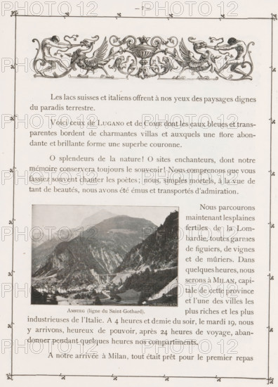 Amsteg (ligne du Saint-Gothard), View of the Gotthard Pass near Amsteg, page, photomechanical print, maker: F. Dricot & C's, Amsteg, c. 1893 - in or before 1898, F. Dricot & C's, paper, autotypie, height 61 mm x width 90 mm, mountains, dale, valley, Gotthard pass, The image shows a page with an ornate horizontal decorative header featuring symmetrical griffin-like creatures and human figures, a framed black-and-white photograph of a mountainous valley with a village and bridge, and surrounding printed text in a serif typeface, all enclosed by a thin decorative border with small floral corner embellishments.