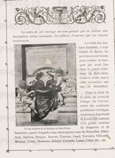 Vase with holy water in St. Peter's Basilica in Vatican City, Un des bénitiers de la Basilique de Saint-Pierre, page, photomechanical print, maker: F. Dricot & C's, St. Peter's Basilica, c. 1893 - in or before 1898, F. Dricot & C's, Vatican City, paper, autotypie, height 118 mm x width 89 mm, vase, ornament, Holy Water font, A vertical page showing an ornate decorative header with floral scrollwork and cherubic figures, below which is a rectangular photograph of a stone sculpture depicting two cherubs sitting on either side of an elaborately carved basin with draped fabric and ornamental foliage, the sculpture set against a framed stone plaque, and to the right of the photograph a column of printed text; a decorative border runs along the left and bottom edges of the page.