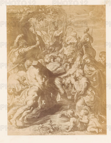 Photo reproduction of a painting of Jesus falling under the cross by Peter Paul Rubens, photograph, reproduction, page, name: 'Fierlants', photographer: Edmond Fierlants, after painting by Peter Paul Rubens, c. 1864 - in or before 1869, paper, albumen print, albumendruk, height 154 mm x width 117 mm, carrying of the cross: Christ bearing the cross, alone or with the help of others (eg Simon the Cyrenian), A sepia-toned classical scene shows a group of figures gathered around a central horizontal object carried by men, with several muscular, partially draped male figures straining and holding poles, a helmeted soldier raising a spear, and a robed woman with a covered head seated to the right looking downward. In the foreground two small naked children kneel and reach toward the scene above them, while other figures crowd and lean in with varied facial expressions and gestures. Draped cloths, flowing garments, and a mix of bare skin create layered textures, with a tree canopy and cloudy ...