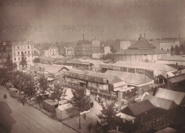 Lille, Vue de la Place de la République pendant la Foire, View of Place de la République in Lille during a market, page, photomechanical print, inscription: 'Le Nord Contemporain, Revue Pittoresque', inscription: 'Journal le Nord Contemporain, No 18, année 1882.', photographer: Lemercier, cliché maker: Ferrand, c. 1877 - in or before 1882-09-30, paper, Woodburytype, height 152 mm x width 214 mm, Print on third unnumbered page after page 288., market, square, circus, A wide elevated view of an urban scene showing a cluster of temporary wooden and canvas structures forming a market or fair with pitched roofs and painted facades, a large circular building with a domed roof toward the right, multi-story stone buildings and rows of apartment facades in the background, tree-lined streets and tram tracks in the foreground, small wooden wagons and carts parked along the pavement, scattered pedestrians moving through aisles between the stalls, and a mix of signs and painted decorations on the f...