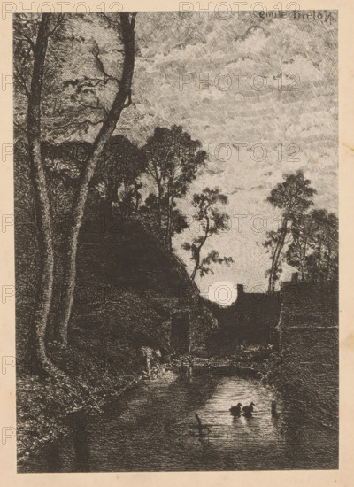 Le Soir d'Automne, Eau-Forte d'après son Tableau, par M. Émile Breton, Reproduction of an etching of an autumn evening by Émile Breton, reproduction, page, photomechanical print, inscription: 'Le Nord Contemporain, Revue Artistique & Pittoresque', inscription: 'Journal le Nord Contemporain, No 28, année 1883.', photographer: NC, after print by Emile Adélard Breton, c. 1878 - in or before 1883-03-05, Emile Adélard Breton, after print by, paper, collotype, photoprint, height 218 mm x width 152 mm, Print on third unnumbered page after page 64., landscapes, sunset, small canal, ditch, A monochrome etching depicting a landscape with tall, slender trees framing a narrow waterway, a steep thatched roof structure on the left, silhouetted foliage and tree trunks against a sky filled with textured cloud marks, a bright circular light near the horizon partially obscured by building outlines, a small group of figures or animals visible on the water surface reflecting the light, and dense dark fore...