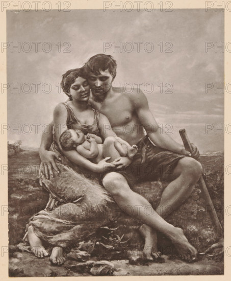 La Famille, Tableau de Mme V. Demont-Breton, Reproduction of a painting of a man and a woman with a baby by Virginie Demont-Breton, reproduction, page, photomechanical print, inscription: 'Le Nord Contemporain, Revue Artistique', inscription: 'Journal le Nord Contemporain, No 33, année 1883.', photographer: NC, after painting by Virginie Demont-Breton, 1882 - in or before 1883-05-20, paper, collotype, light print, height 217 mm x width 175 mm, Print on fifth unnumbered page after page 144., family, relationship, descent, infant, baby, parents (first degree family relationships), A monochrome image of a seated couple holding a sleeping infant, the woman leaning against the man's shoulder with her eyes closed and the man looking downward, his bare torso visible and one arm wrapped around the woman while his other hand rests on a wooden staff; the woman wears a simple sleeveless dress and cradles the baby, whose head rests against her chest and whose tiny limbs are curled; their legs are ...
