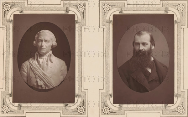 Portrait of Géry Legrand, mayor of Lille in 1882, 1882, Géry Legrand, Maire de Lille, page, photomechanical print, inscription: 'Né a Lille en 1837', inscription: 'Le Nord Contemporain, Revue Historique & Biographique', photographer: Lemercier, cliché maker: Ferrand, c. 1877 - in or before 1882-10-15, paper, Woodburytype, Woodburytypepie, height 127 mm x width 88 mm, Print on third unnumbered page after page 304., Person, historical persons, A symmetrical layout with two oval portraits set against dark rectangular panels and framed by ornate cream-colored borders featuring floral rosettes and scrollwork; the left oval shows a pale sculpted bust of a man with curled hair at the sides, a high-collared garment, and draped cloth across the chest, while the right oval shows a seated photographic portrait of a bearded man with a dark coat and visible lapel, both ovals centered within decorative rectangular mats on a light background.