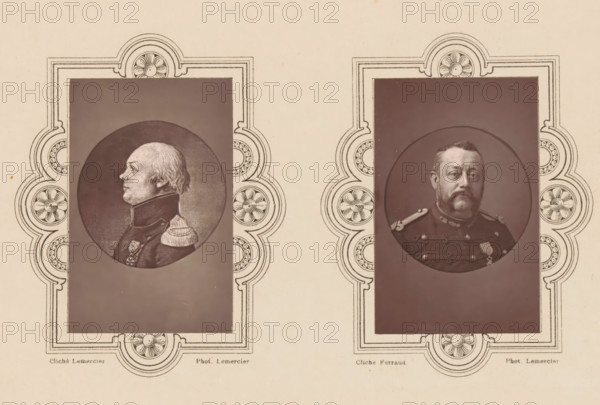 1792, Ovigneur (Charlemagne-Joseph), Commandant des Canonniers Sédentaires Lillois, Reproduction of a portrait of Charlemagne-Joseph Ovigneur, commander of the artillery during the siege of Lille by the Austrians in 1792, reproduction, page, photomechanical print, inscription: 'Le Nord Contemporain, Revue Historique & Biographique', inscription: 'Né a Lille en 1759 - Mort en 1832', photographer: Lemercier, after design by anonymous, c. 1877 - in or before 1882-10-15, paper, Woodburytype, height 90 mm x width 58 mm, Print on fifth unnumbered page after page 304., Person, Charlemagne-Joseph Ovigneur, historical persons, A beige page with two ornate rectangular frames side by side, each containing a dark rectangular inset and a circular portrait near the top of the inset; the left circular portrait shows a light-haired man in profile facing right, wearing a high-collared dark uniform with an ornate shoulder decoration, while the right circular portrait shows a bearded man facing forward w...