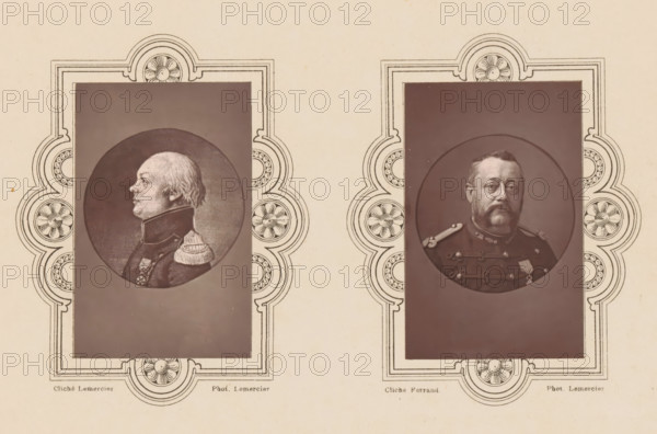 Portrait of Émile-Emmanuel Ovigneur, commander of the artillery of Lille in 1882, 1882, Ovigneur (Émile-Emmanuel), Commandant des Cannoniers Sédentiares Lillois, page, photomechanical print, inscription: 'Né a Lille en 1830', inscription: 'Le Nord Contemporain, Revue Historique & Biographique', photographer: Lemercier, cliché maker: Ferrand, c. 1877 - in or before 1882-10-15, paper, Woodburytype, Woodburytypepie, height 90 mm x width 58 mm, Print on fifth unnumbered page after page 304., Person, Émile-Emmanuel Ovigneur, historical persons, A cream-colored page with two ornate rectangular frames side by side, each frame decorated with circular floral motifs and concentric line borders, containing dark sepia-toned rectangular panels. In the left panel a circular vignette shows a profile of a man facing left with short light hair and a high-collared military coat with an epaulette visible on the shoulder. In the right panel a circular vignette shows a man facing forward with a mustache an...