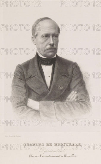 Charles de Brouckere, Reproduction of a photograph of a portrait of Charles de Brouckère, print, reproduction, page, inscription: 'Représentant, Elu par l'arrondissement de Bruxelles.', printmaker: Henri Borremans, Brussels, after photo by Brand & Detrez, c. 1853 - in or before 1858, Henri Borremans, Brand & Detrez, printmaker, paper, lithography, lithografie, height 194 mm x width 144 mm, Person, Charles de Brouckère, historical persons, A monochrome portrait of a man from the torso up with arms crossed, wearing a dark suit jacket over a light shirt and a bow tie; he has a receding hairline, a mustache, and a neutral facial expression, and the background is plain.